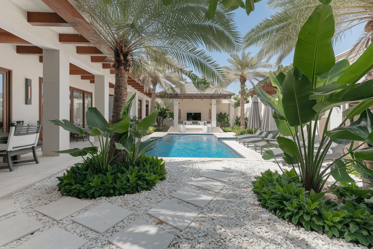 Lush tropical garden with palm trees